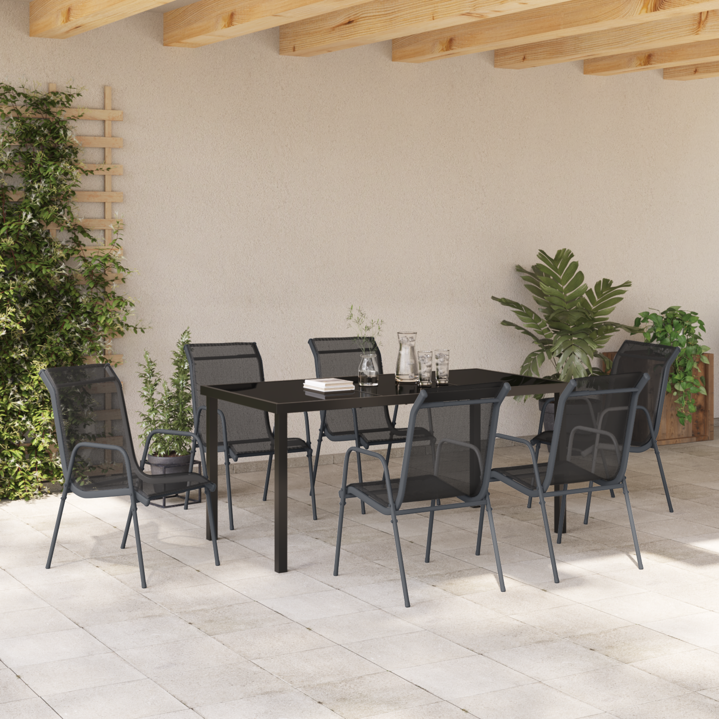 7-delt hage-spisesett svart Textilene og stål