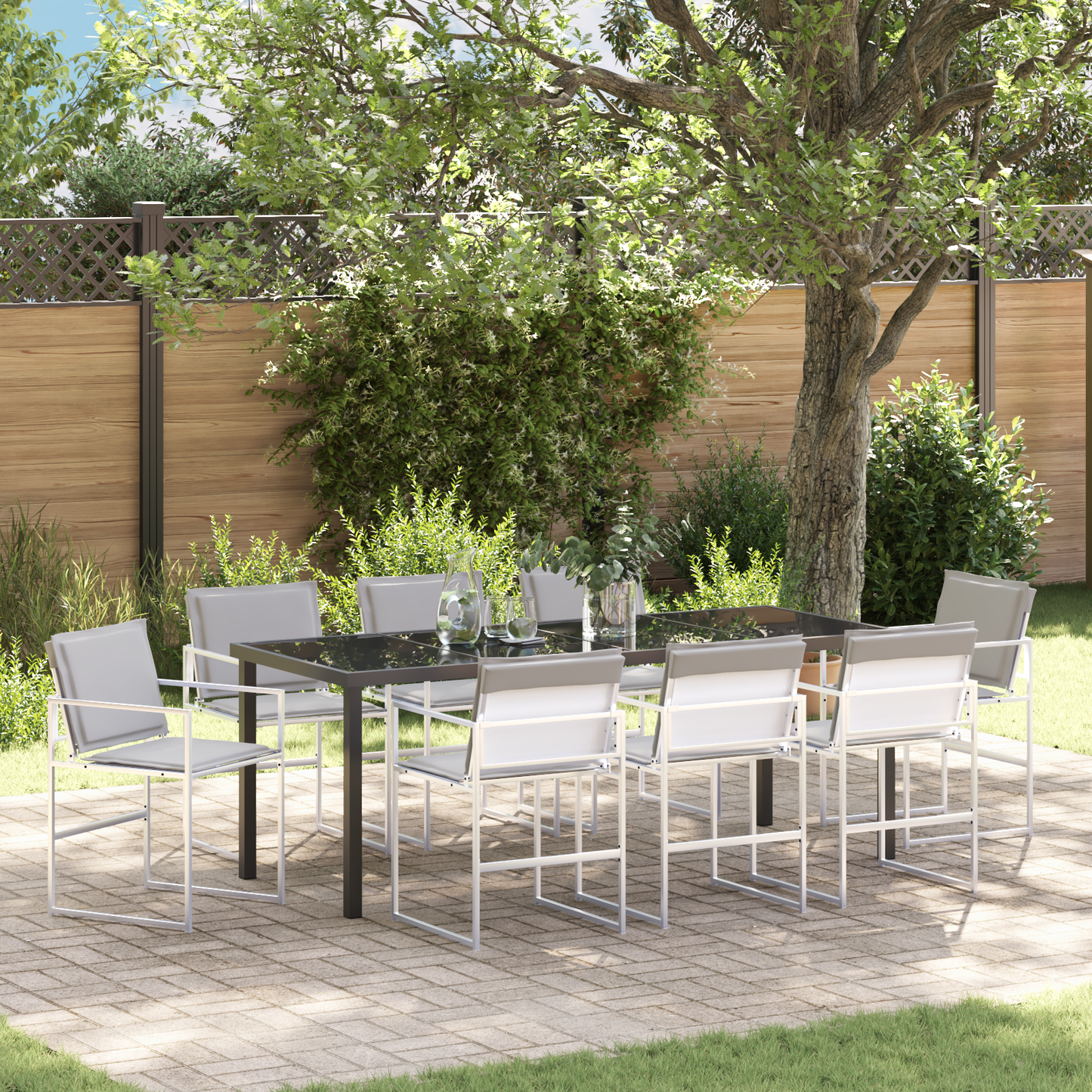 9-delt hage-spisegruppe med puter Hvitt Textilene og stål