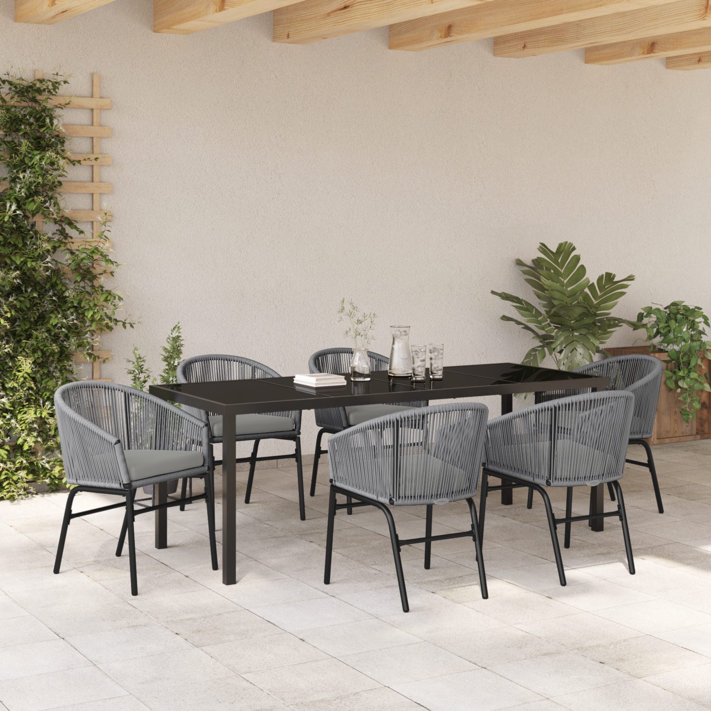 7-Delt Grå Poly Rattan Hage Spisebordsett