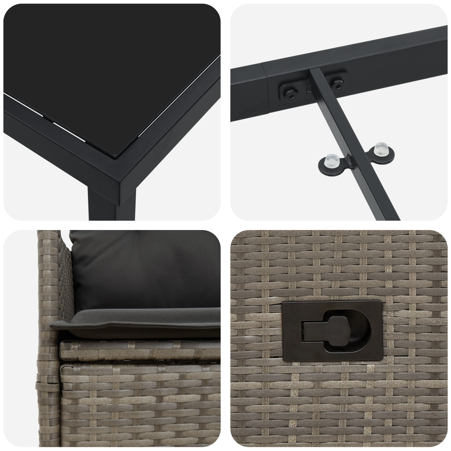 7 delt hage spisebordsett med puter grå poly rattan