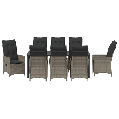 9 Delt Hage Spisebordsett med Puter Grå Poly Rattan