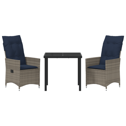 3-delt hage spisegruppe med puter grå poly rattan
