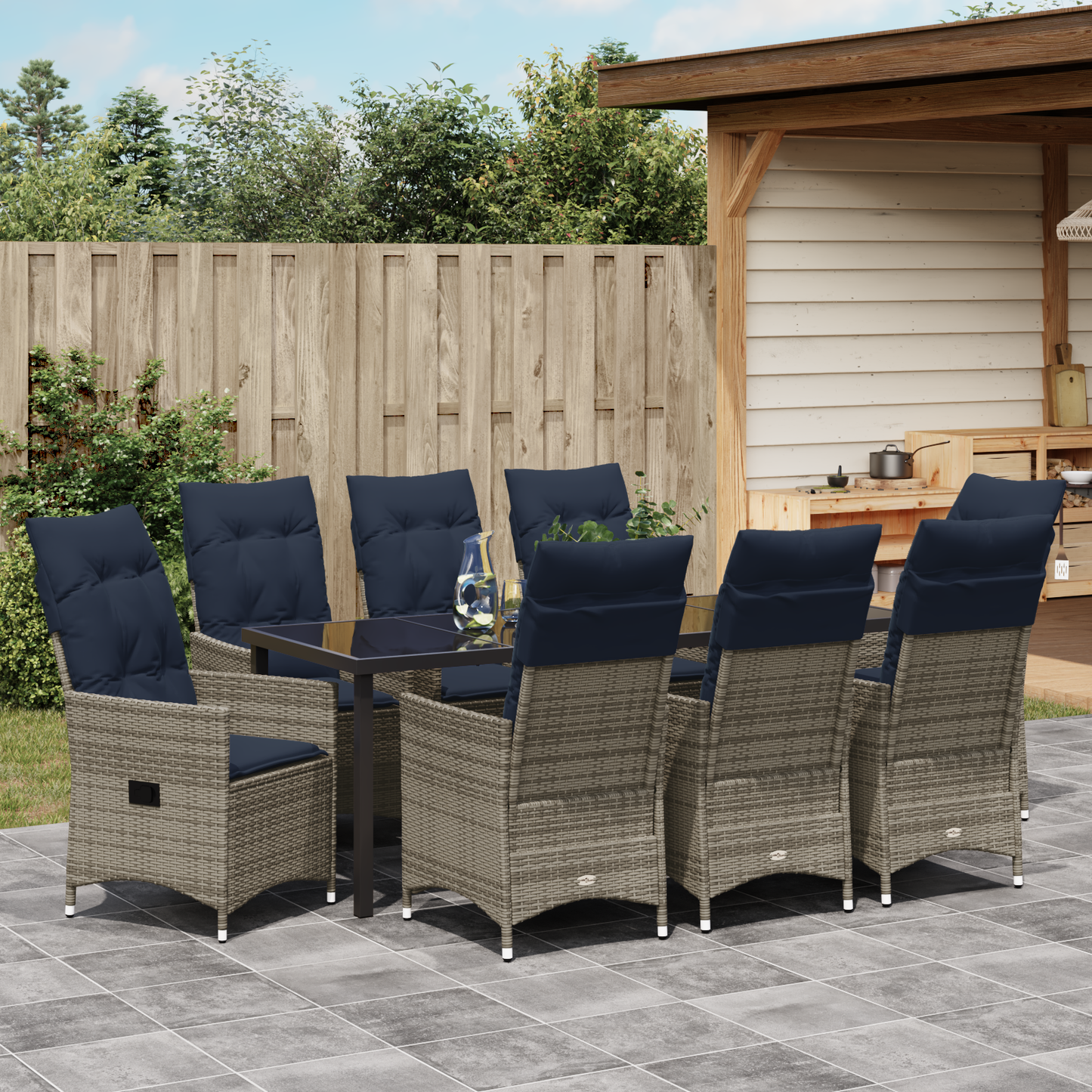 9 Delers Hage Spisegruppe med Puter Grå Poly Rottin