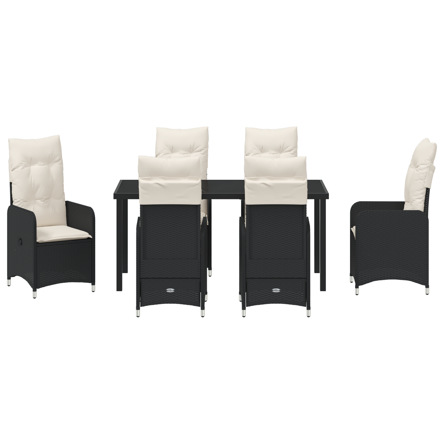 7 Dels hage spisebord med puter i svart polyrotting