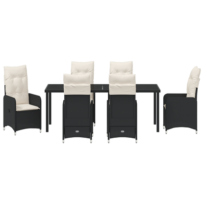 7-delt Hage Spisebord med Puter Svart Poly Rattan