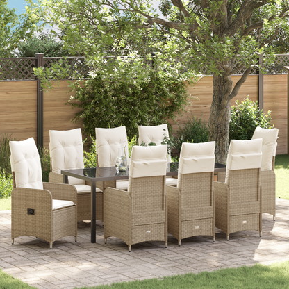 9 Delt Hage Spisebord Set med Puter Beige Poly Rattan