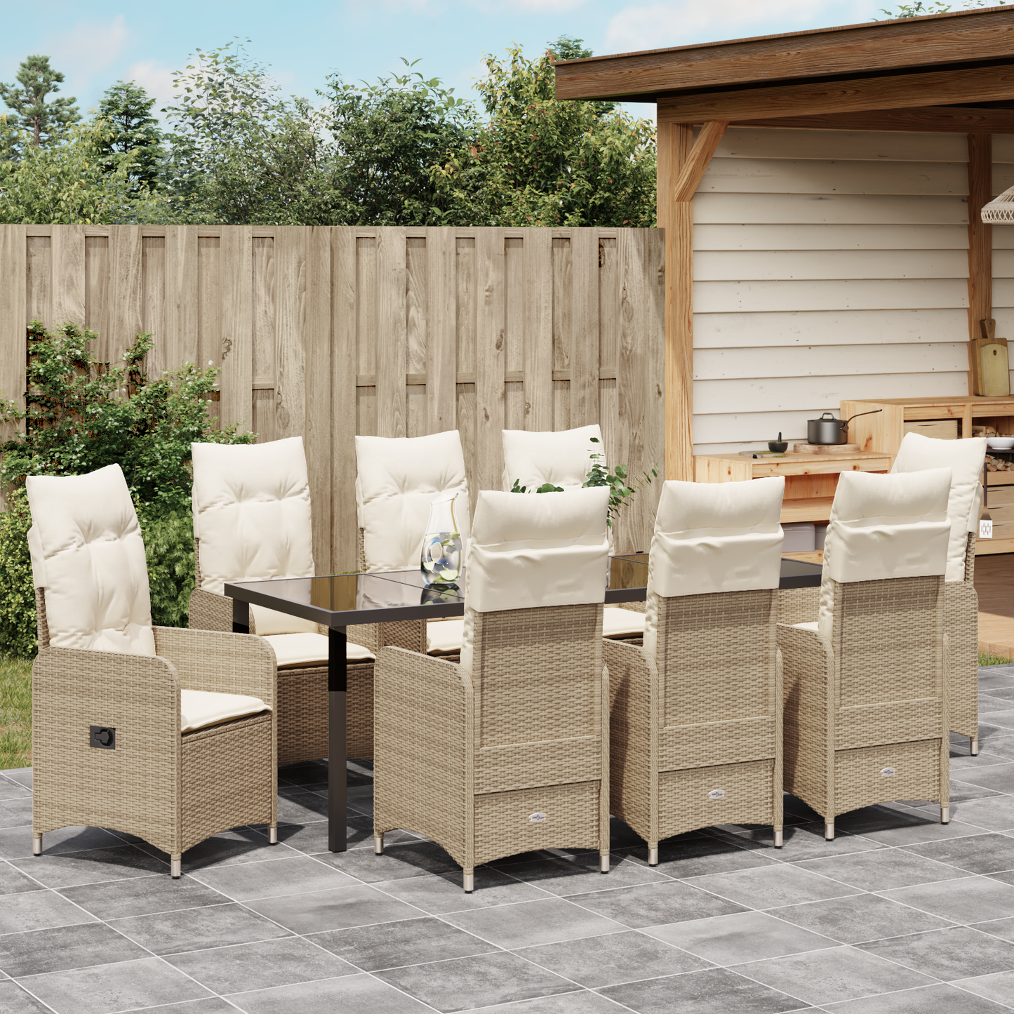 9 Delt Hage Spisebord Set med Puter Beige Poly Rattan