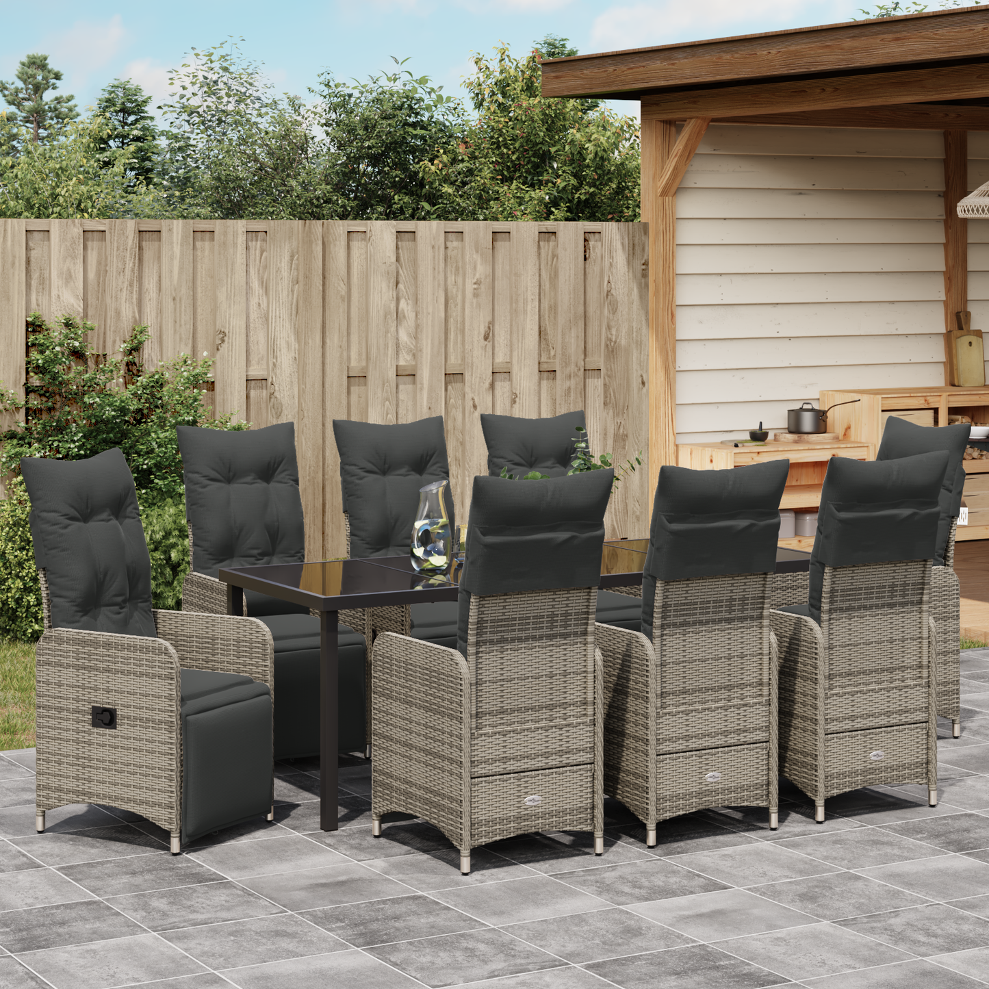9 deler hagemøbelsett med puter i grå polyrotting