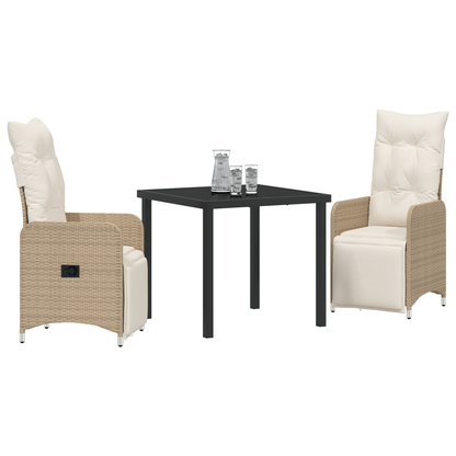 3 Delt Hage Spise Sett med Puter Beige Poly Rattan