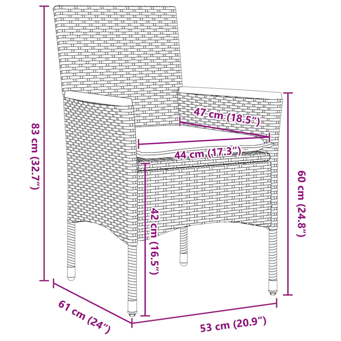 3-delt Hagedining Sett med Puter Svart Polyrotting