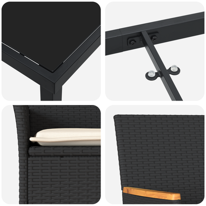 5 Delt Hage Spisebordsett med Puter i Svart Poly Rattan