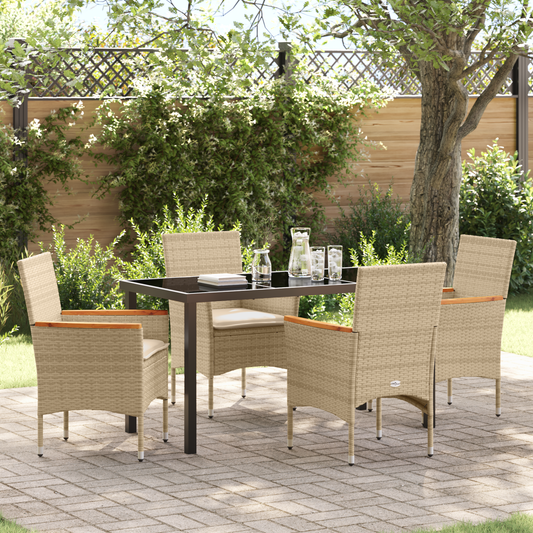 5-delt Hage Spisegruppe med Puter Beige Poly Rattan