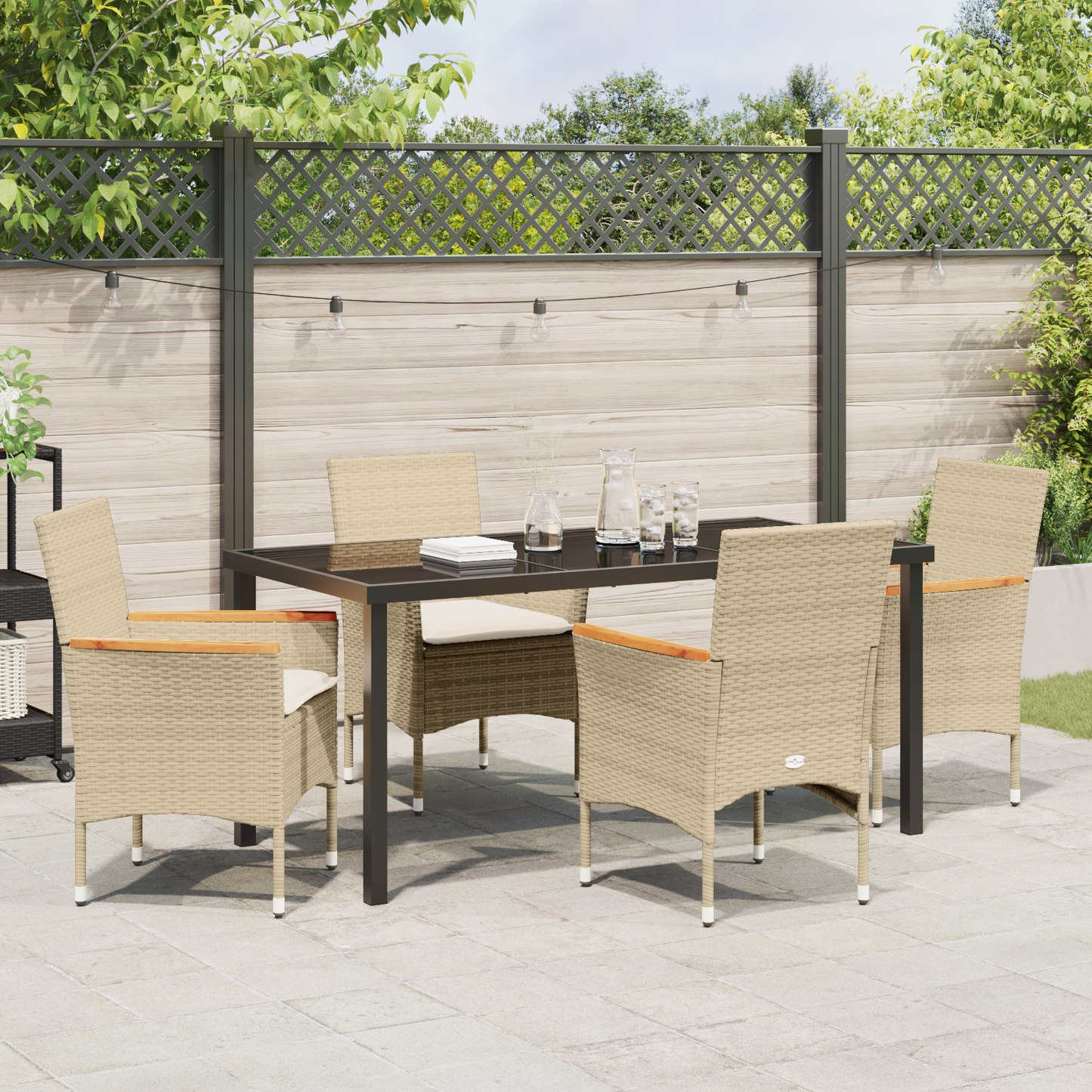 5-delt Hage Spisegruppe med Puter Beige Poly Rattan