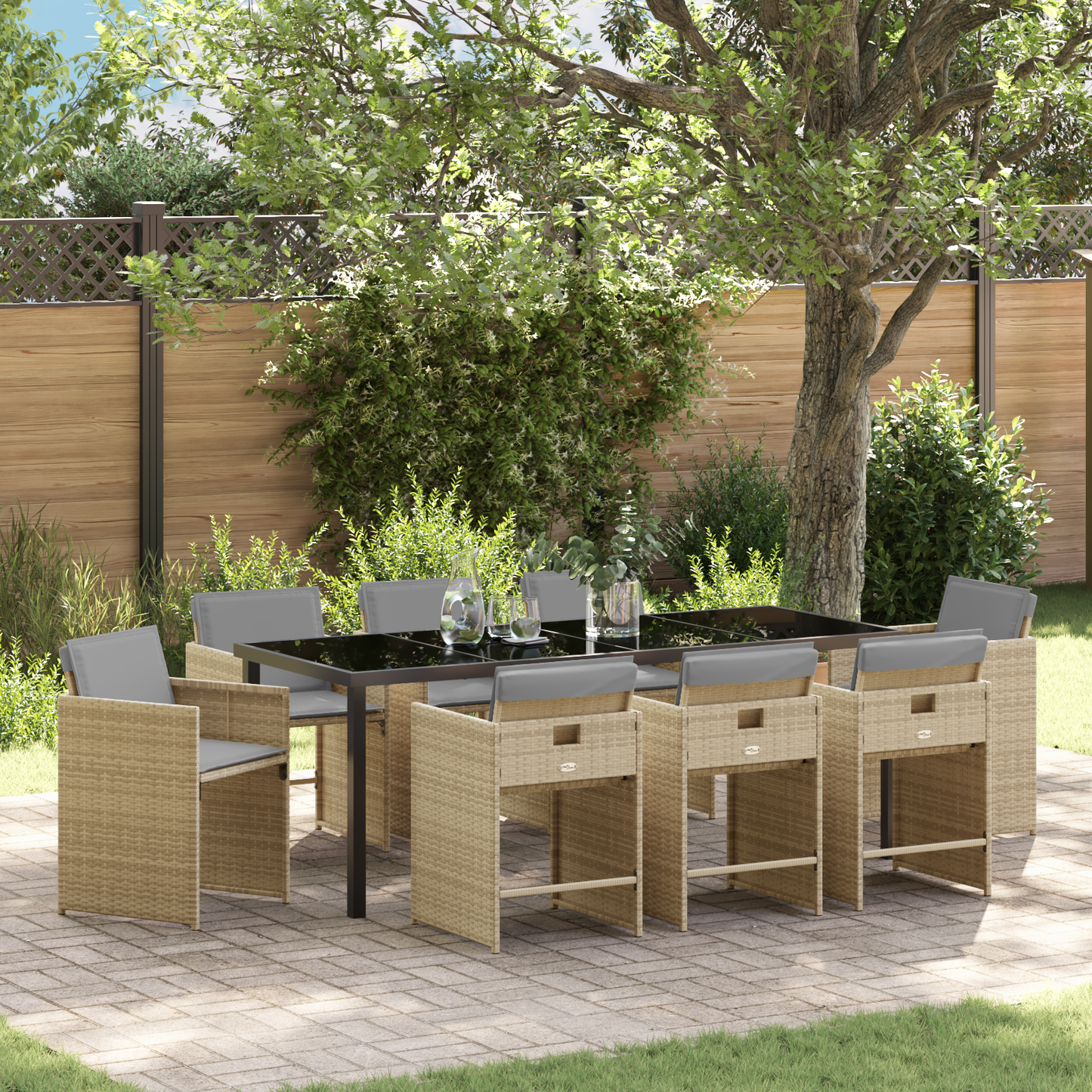 9 deler hage spisestuebord med puter beige polyrotting