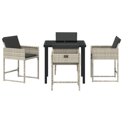 5 Delt Hagespisestolsett med Puter Lys Grå Poly Rattan