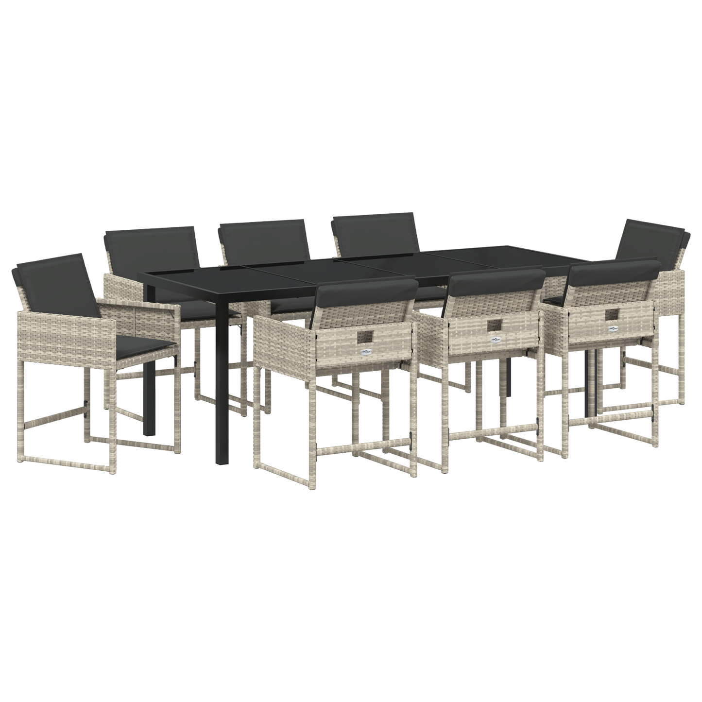 9-delt hage spisebord med puter lys grå poly rotting