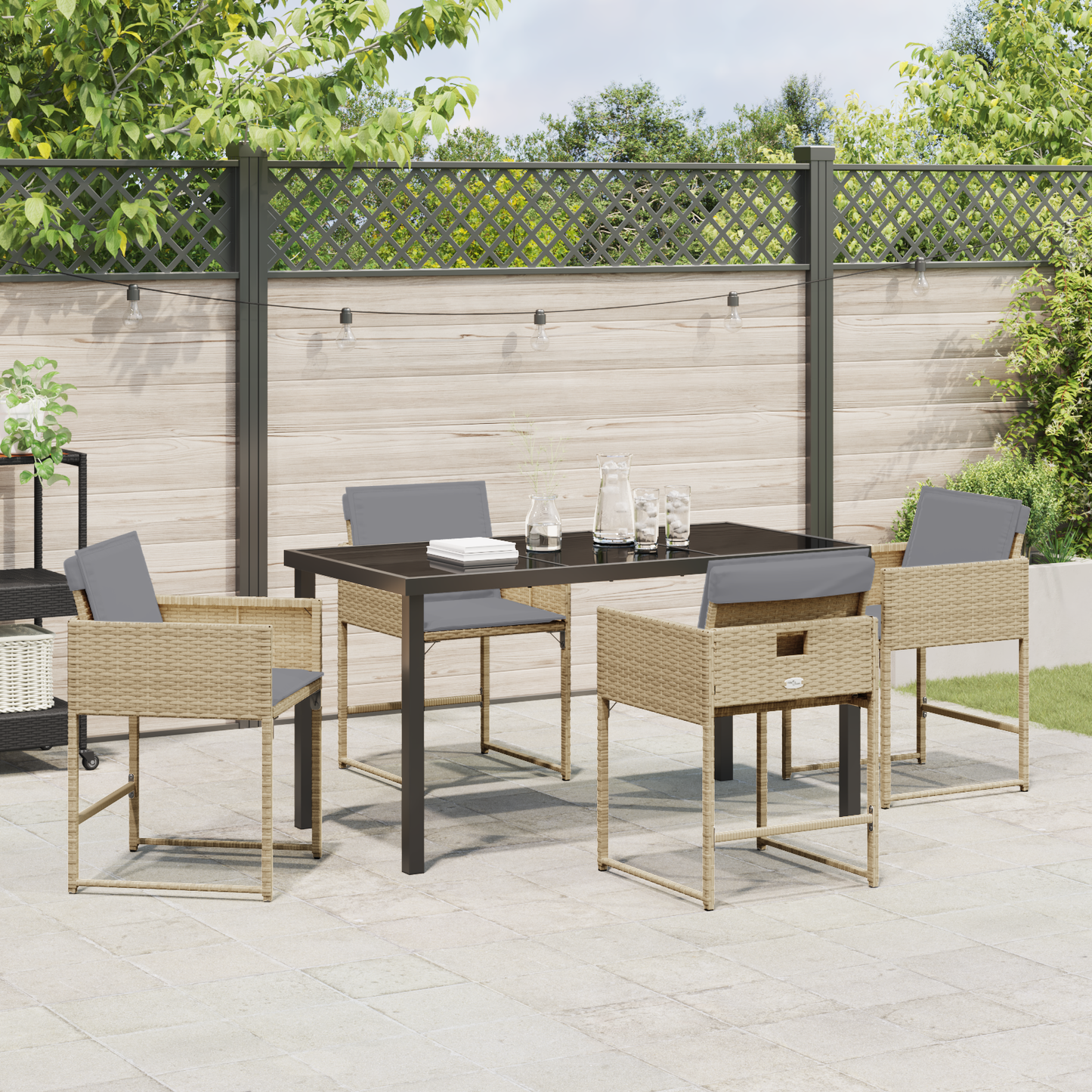 5-delt hage spisebordsett med puter Beige Poly Rattan