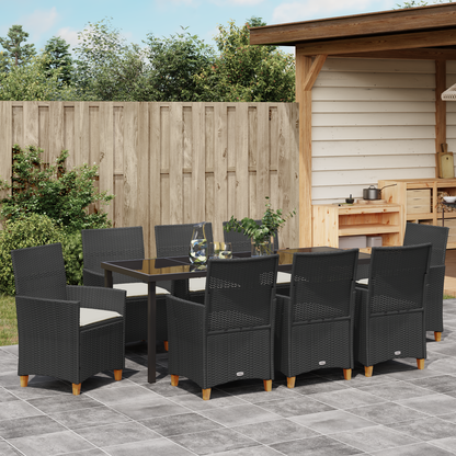 9-delt Hage Spisebordsett med Puter Svart Poly Rattan