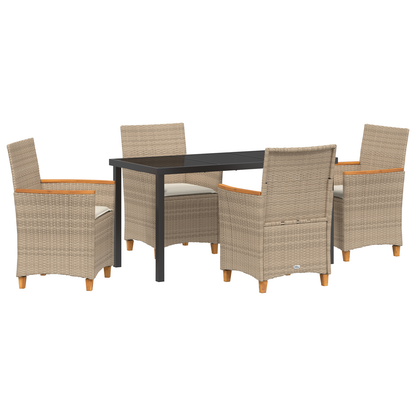 5-delt hage spisestol sett med puter beige poly rattan