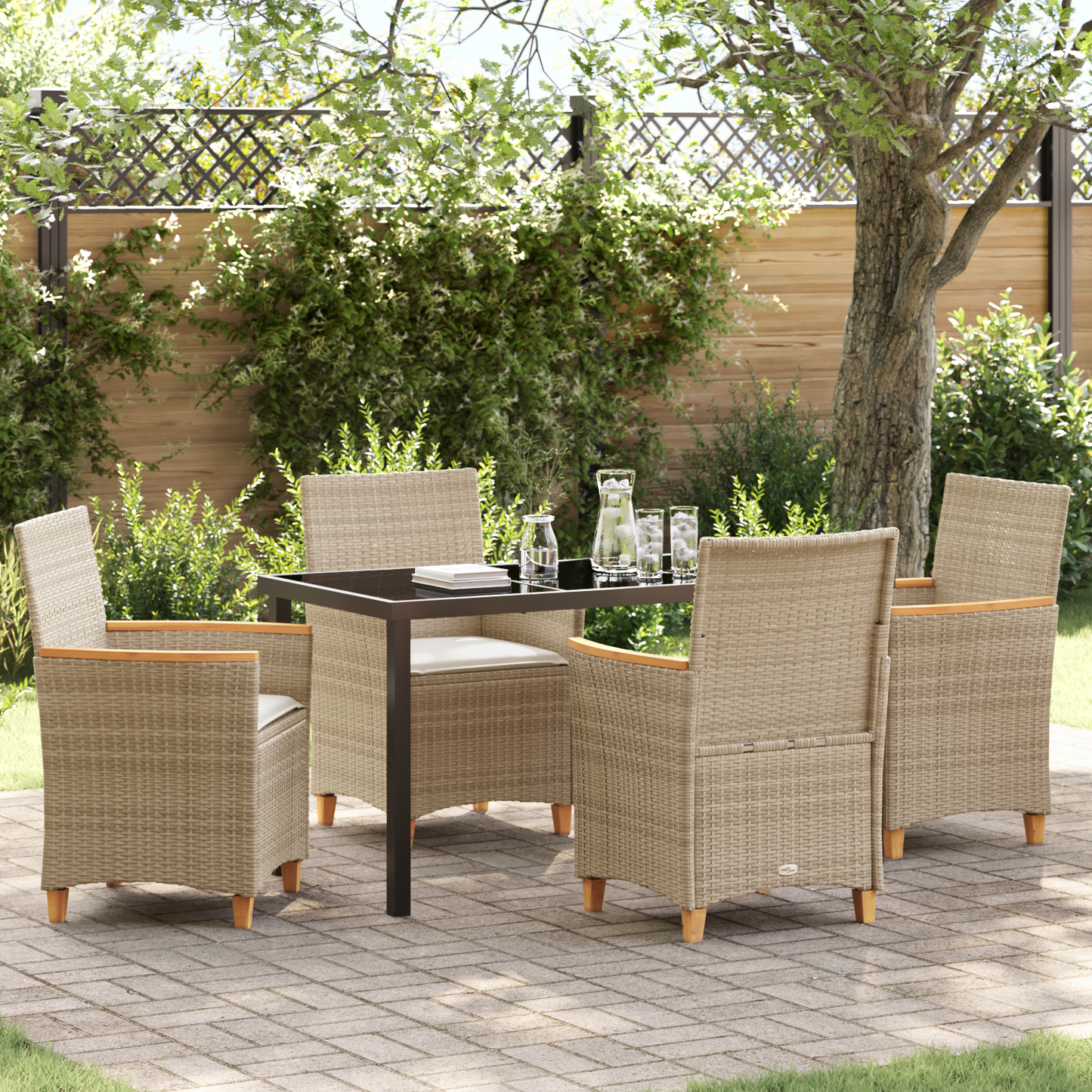 5-delt hage spisestol sett med puter beige poly rattan