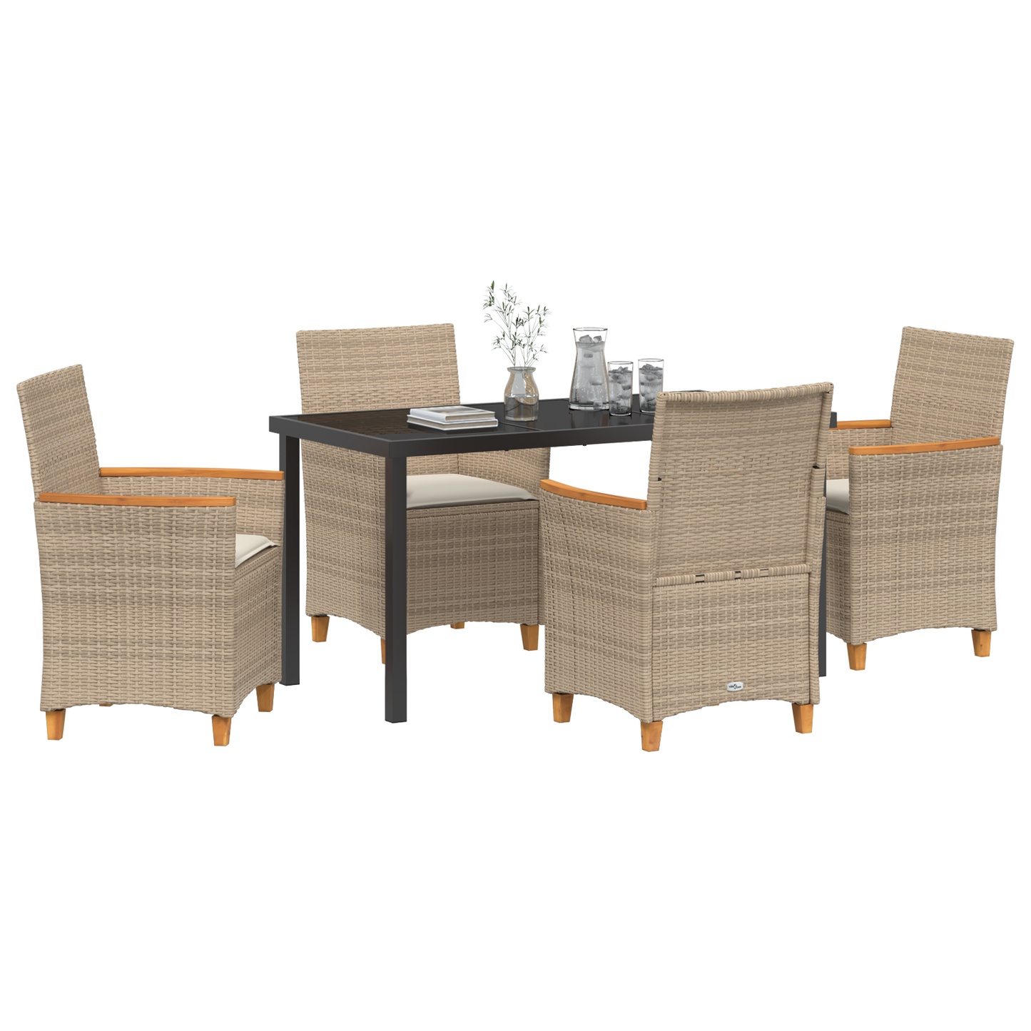 5-delt hage spisestol sett med puter beige poly rattan