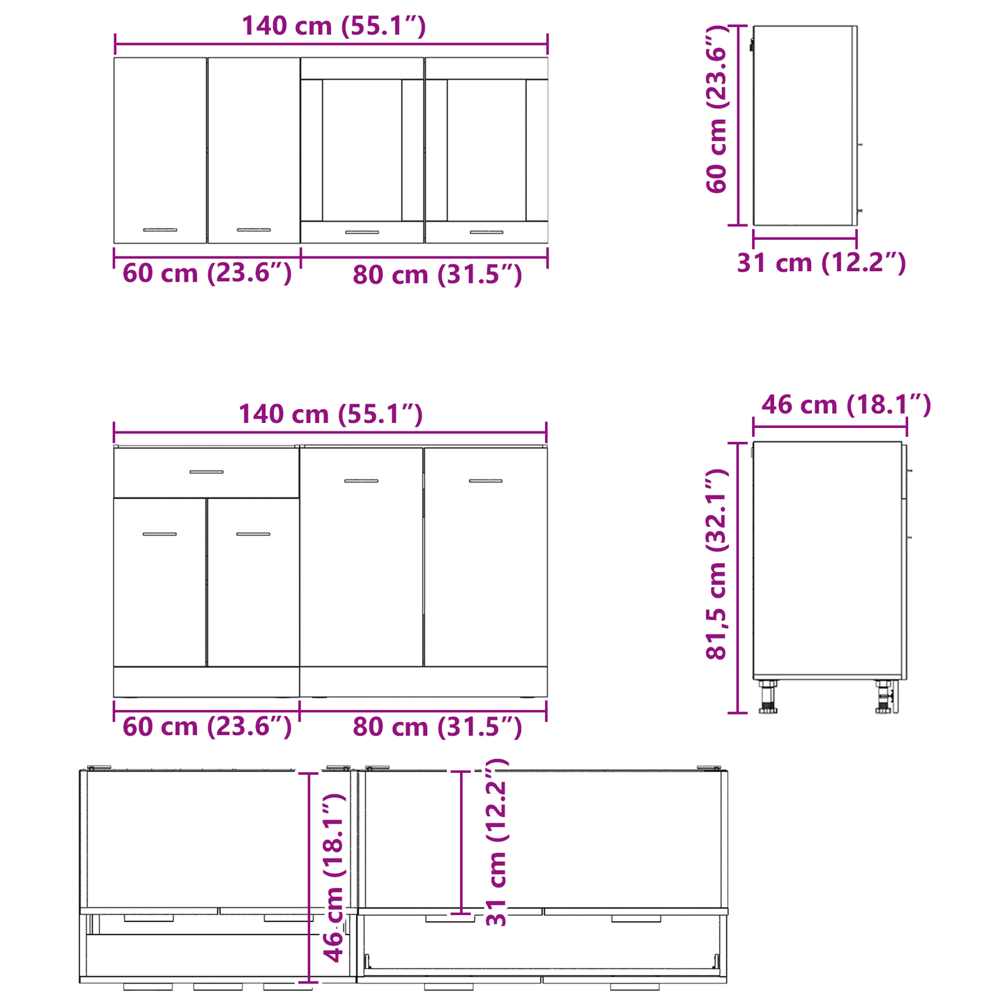4-delt kjøkkenskapsett i røkt eik av konstruert tre