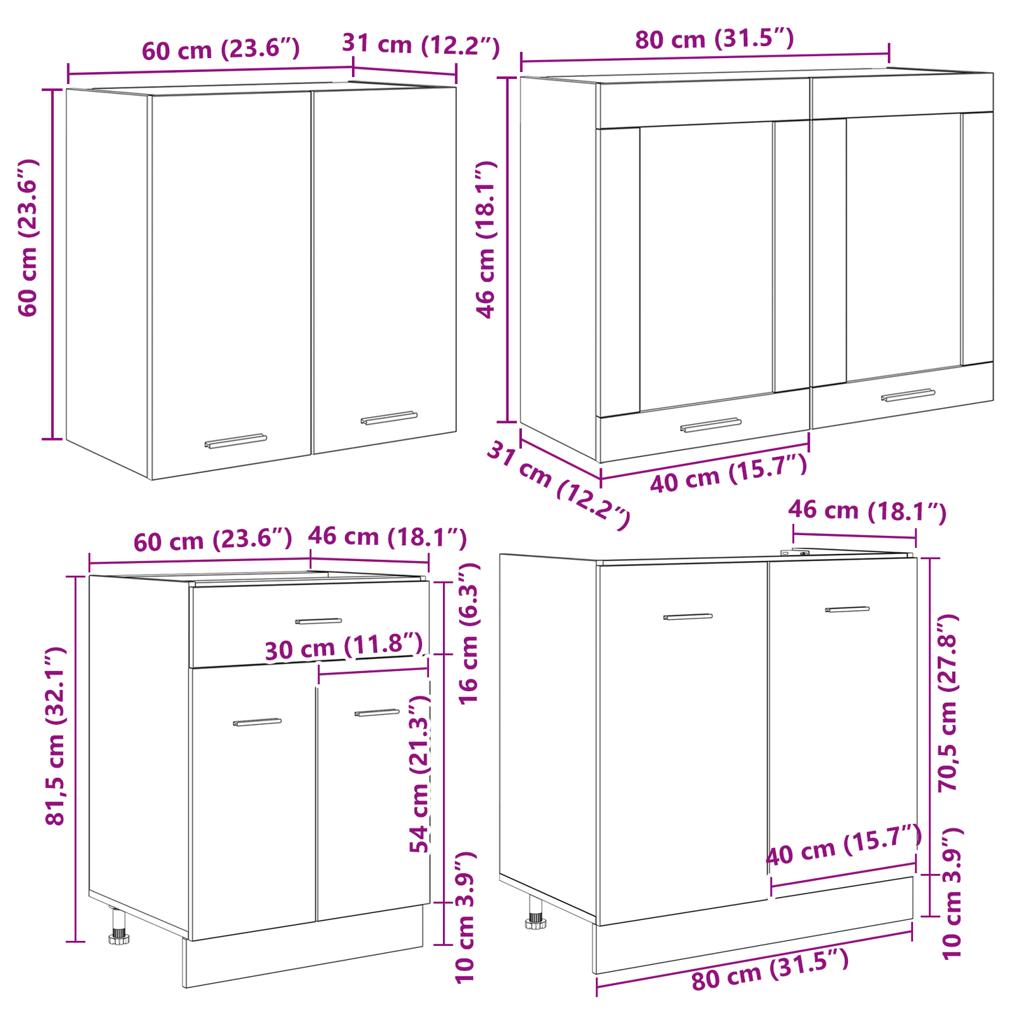 4-delt kjøkkenskapsett i røkt eik av konstruert tre