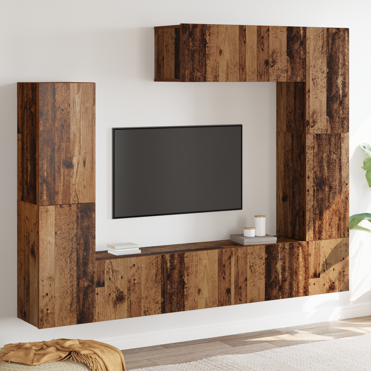 7-delt TV-skapsett, veggmontert, gammelt tre, konstruert tre