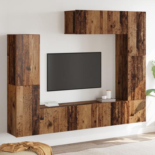 7-delt TV-skapsett, veggmontert, gammelt tre, konstruert tre