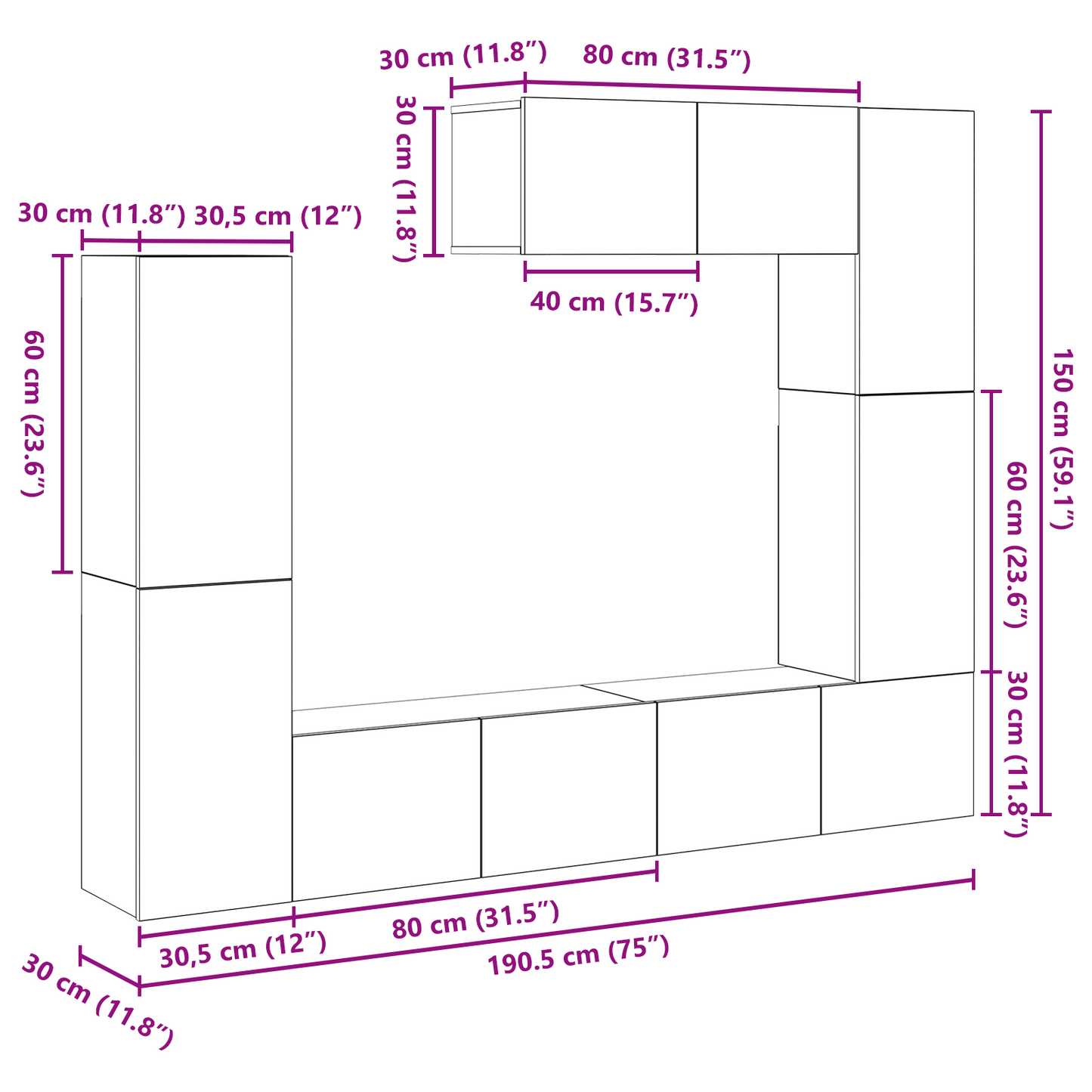 7-delt TV-skapsett, veggmontert, gammelt tre, konstruert tre