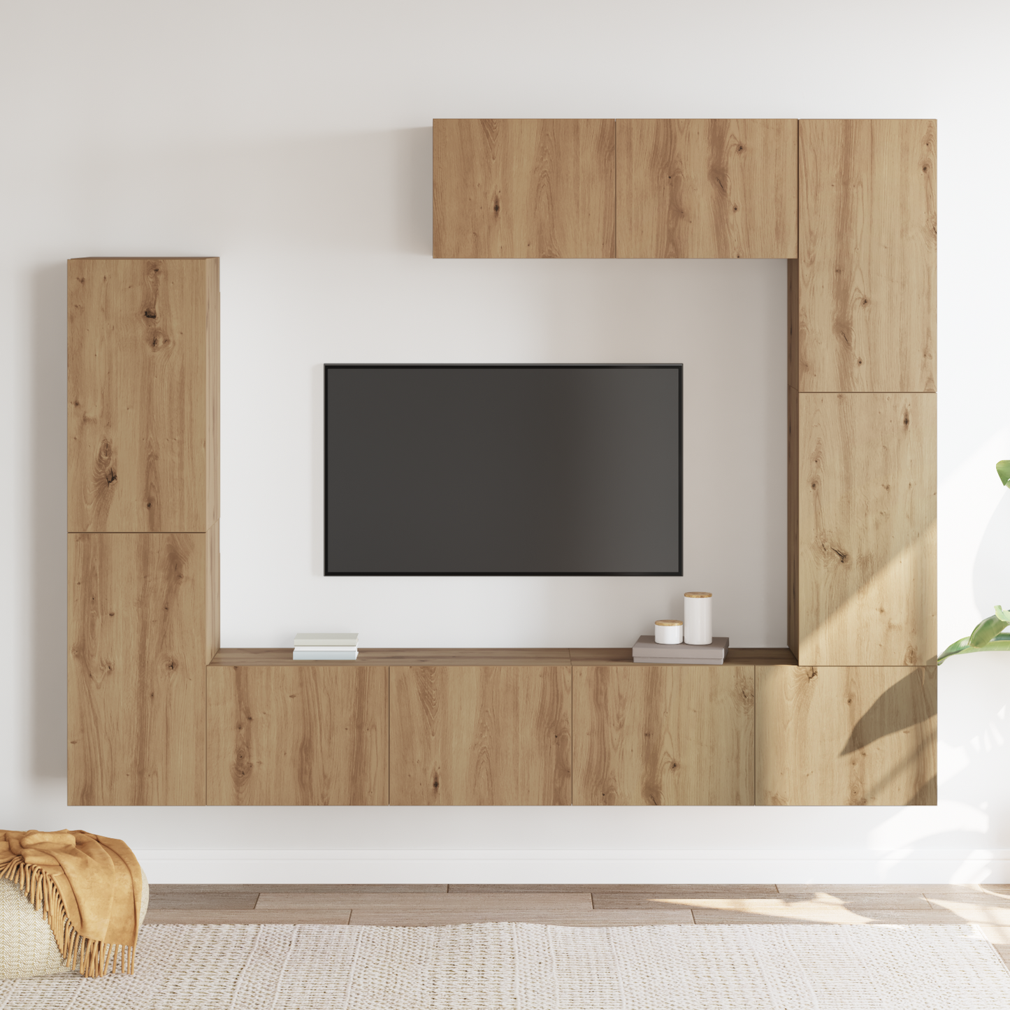 7-delt TV-skapsett – Veggmontert, Eik, MDF