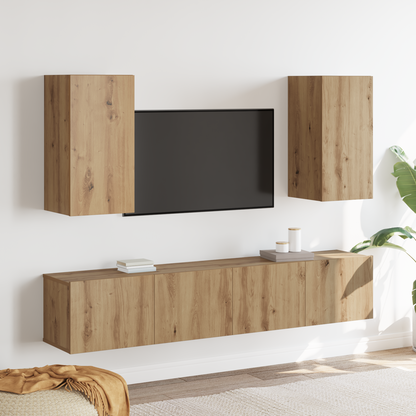 4-delt TV-skapsett Vegghengt Kunstnerisk Eik Konstruert Tre