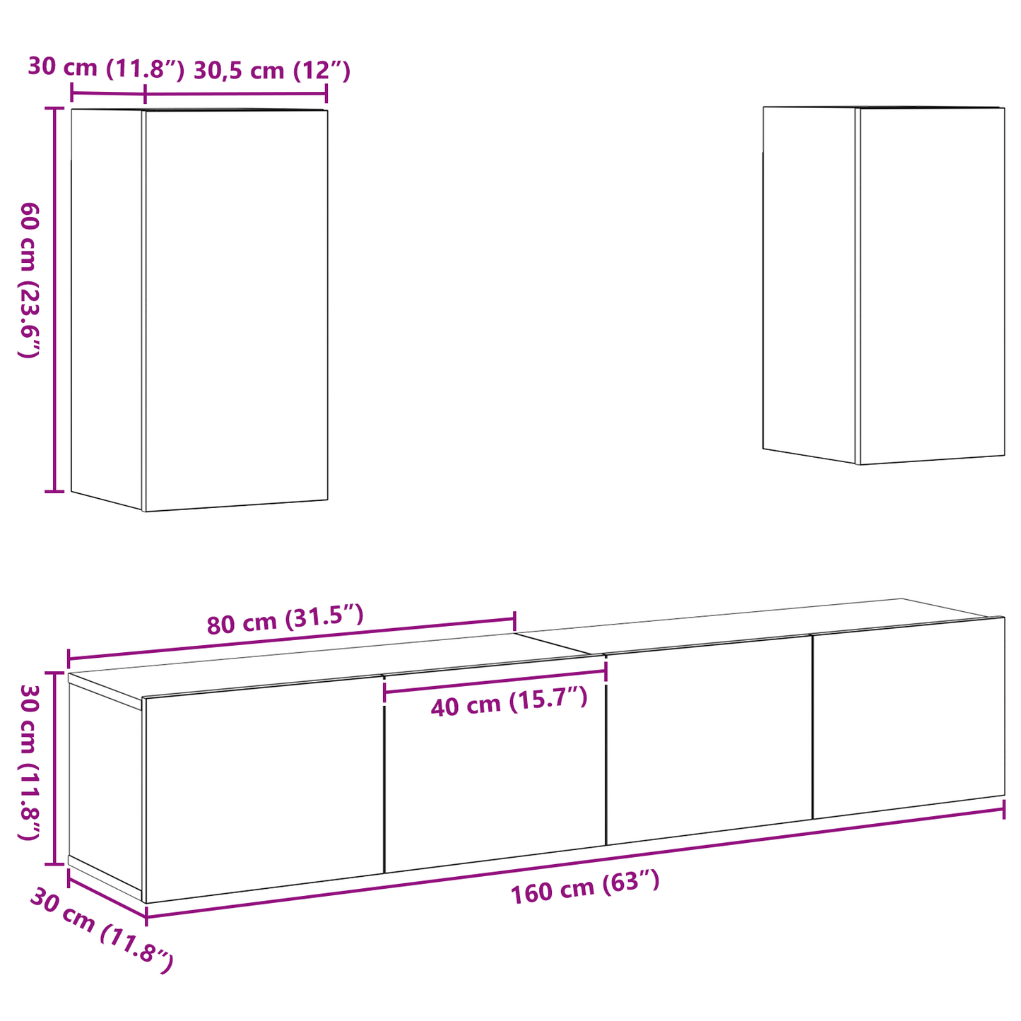 4-delt TV-skapsett Vegghengt Kunstnerisk Eik Konstruert Tre
