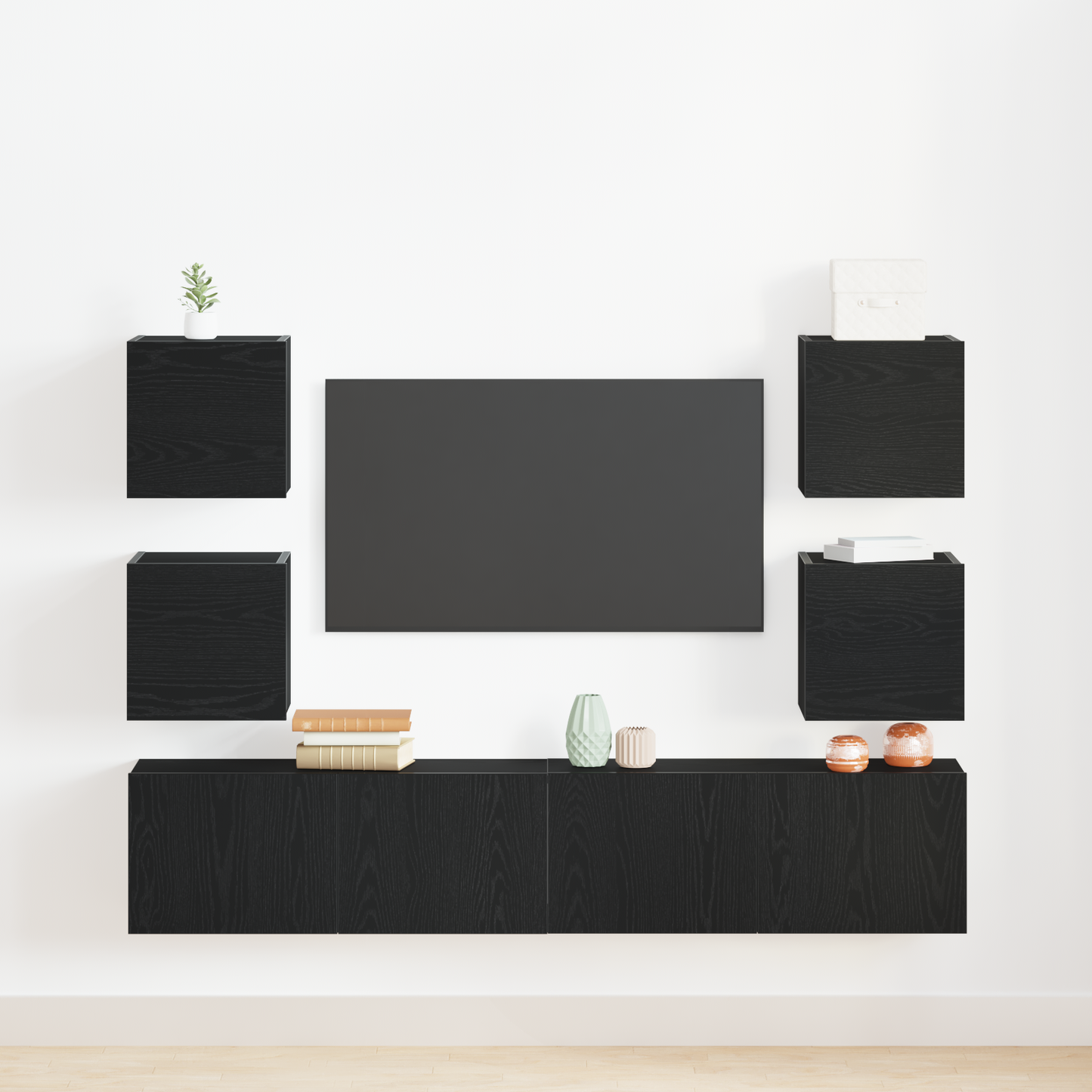 6-delt TV-skap sett - svart eik, konstruert tre