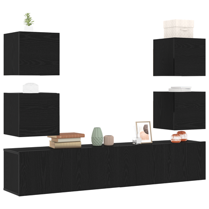 6-delt TV-skap sett - svart eik, konstruert tre