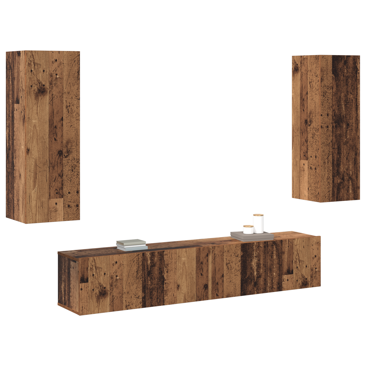 4-delt TV-skap sett vegghengt gammelt tre konstruert tre