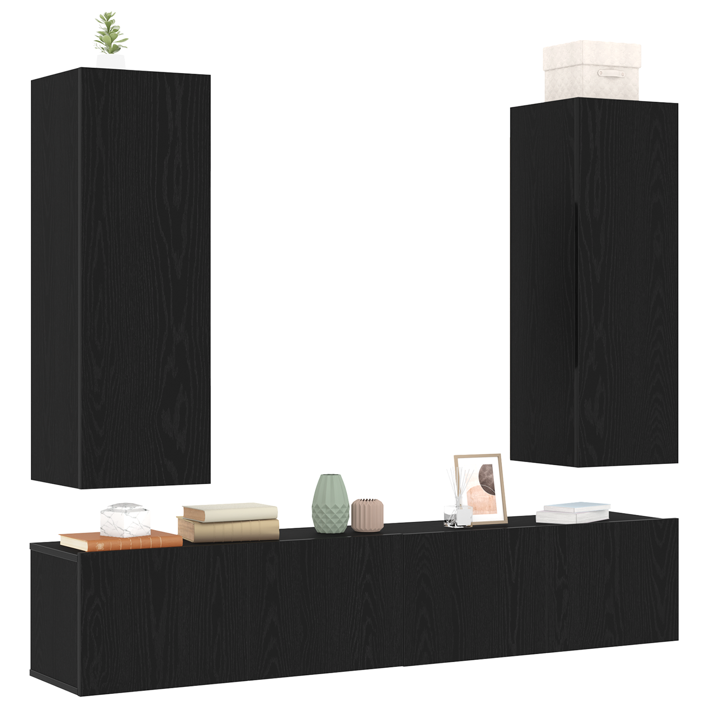 4 deler TV-skapsett veggmontert svart eik laminert tre