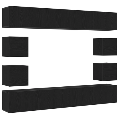 6-delt TV-skapsett - Veggmontert, svart eikeimitert tre