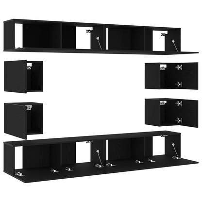 6-delt TV-skapsett - Veggmontert, svart eikeimitert tre