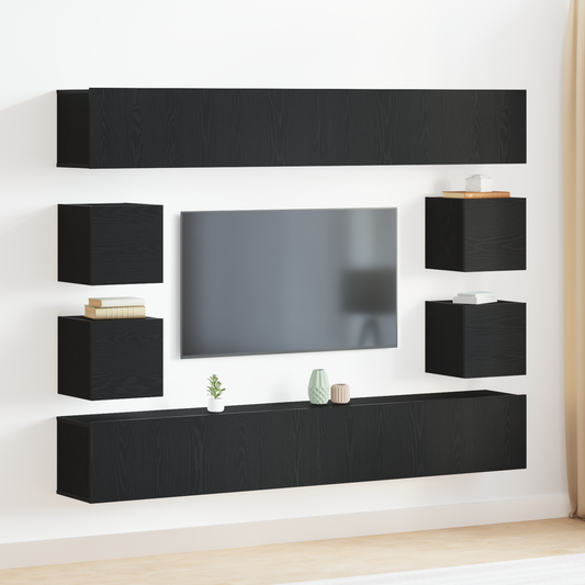 6-delt TV-skapsett - Veggmontert, svart eikeimitert tre