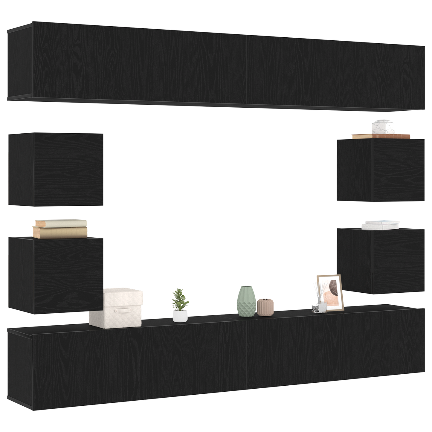 6-delt TV-skapsett - Veggmontert, svart eikeimitert tre