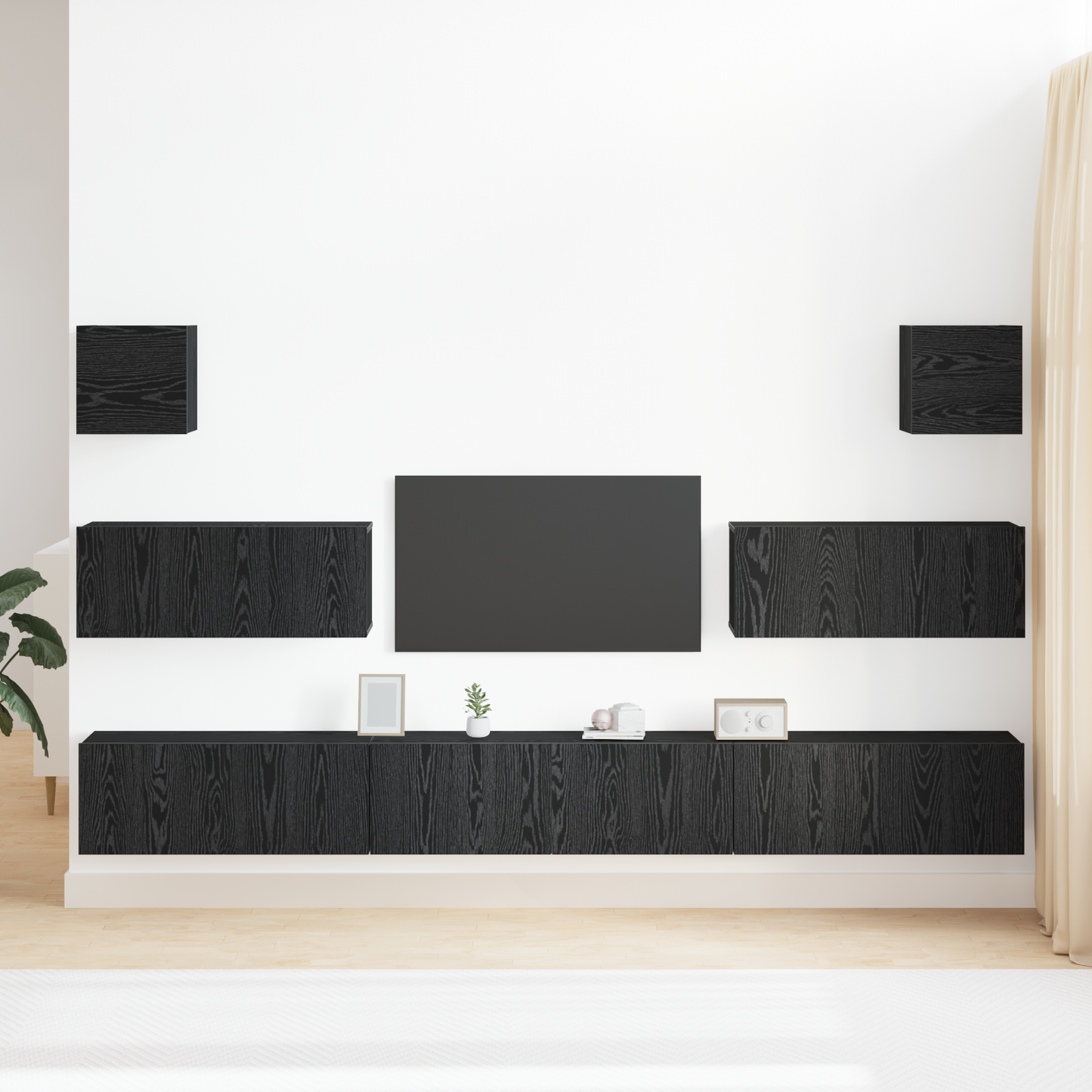 7-delt TV-skapsett - Veggmontert, Svart Eik, Ingeniørtre