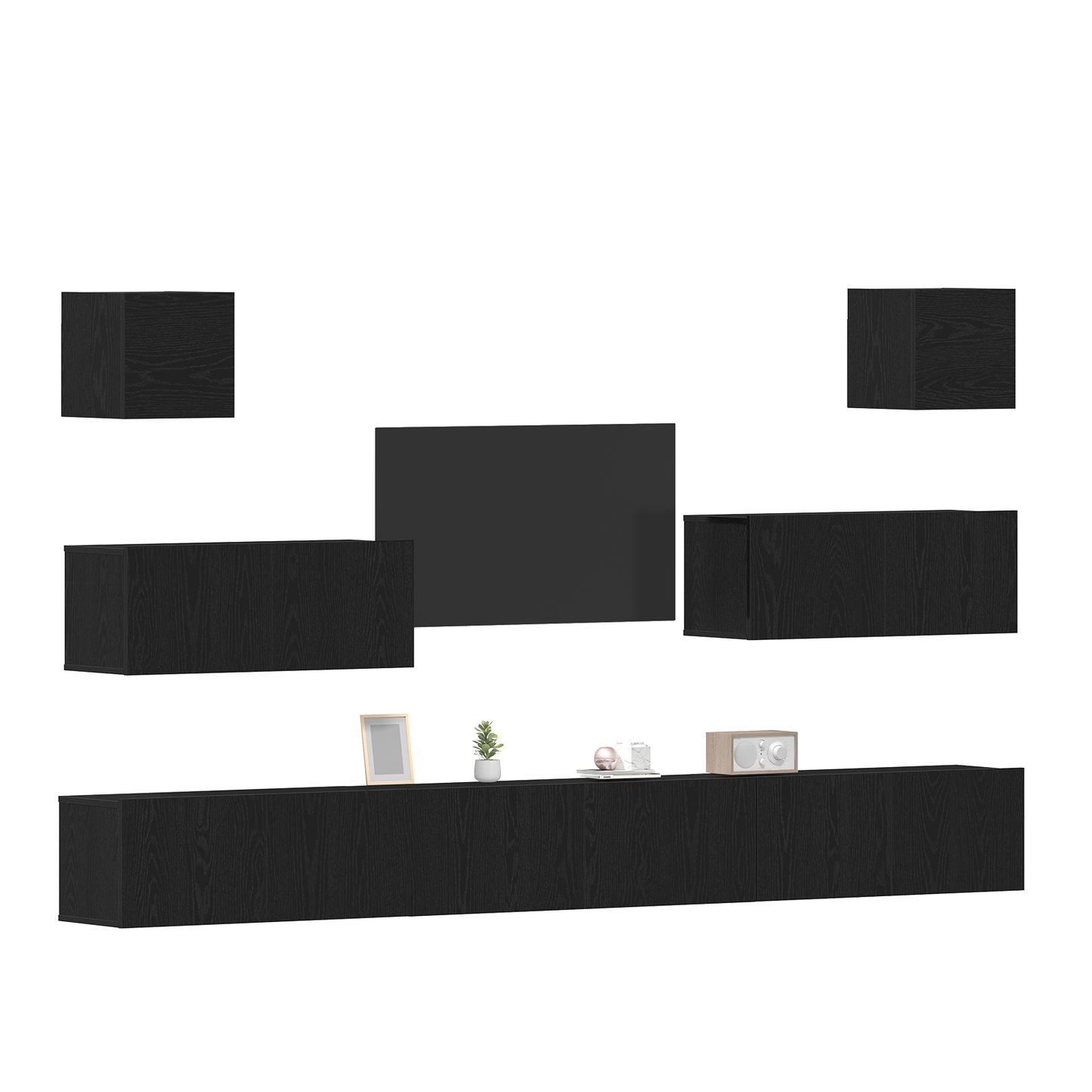 7-delt TV-skapsett - Veggmontert, Svart Eik, Ingeniørtre