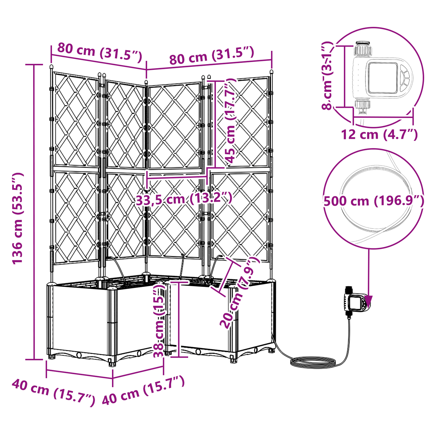 Hageplantere med Vanningssystem 3 stk Hvit