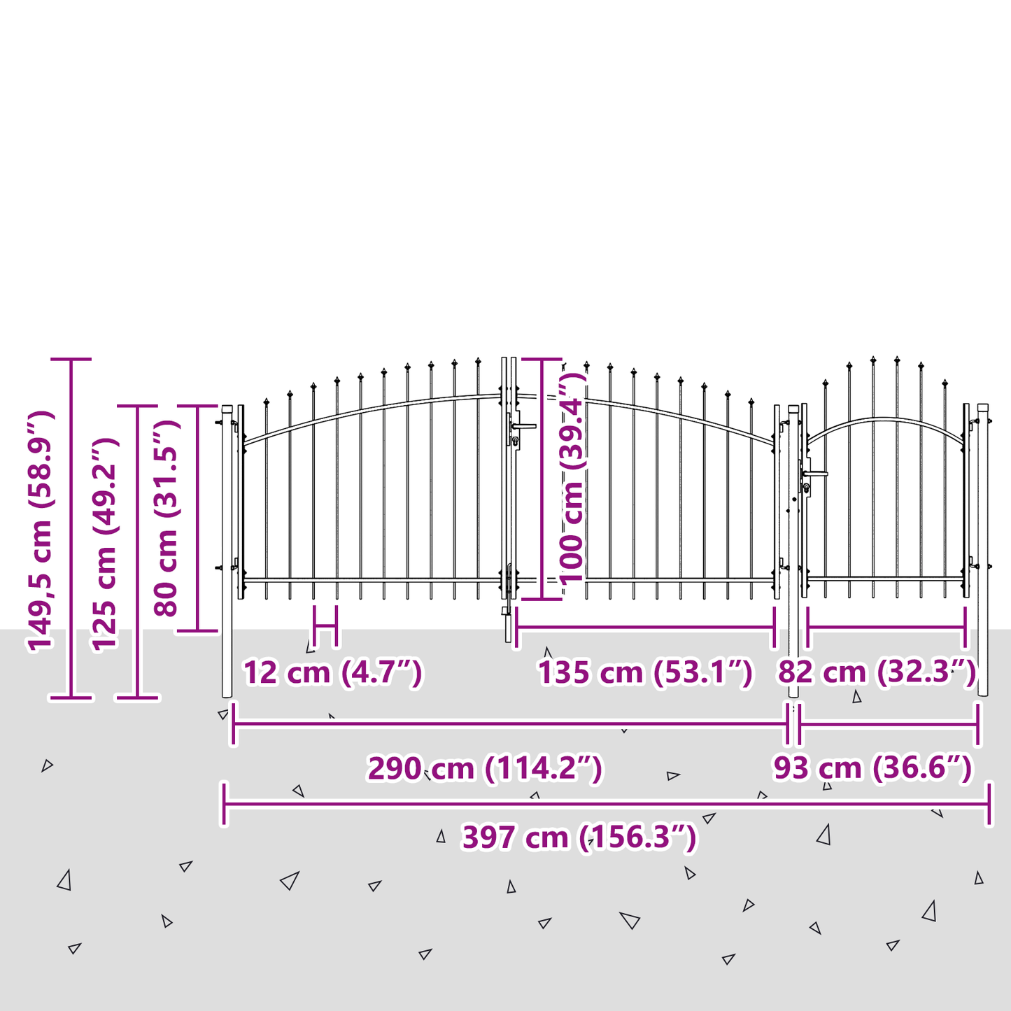 hageport med spydtopp svart 100x400 cm stål