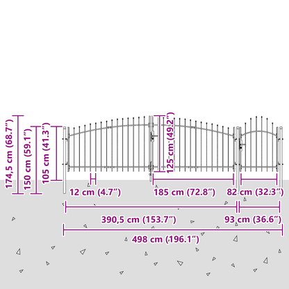 Hageport med Spydtopp Grå 125x500 cm Stål