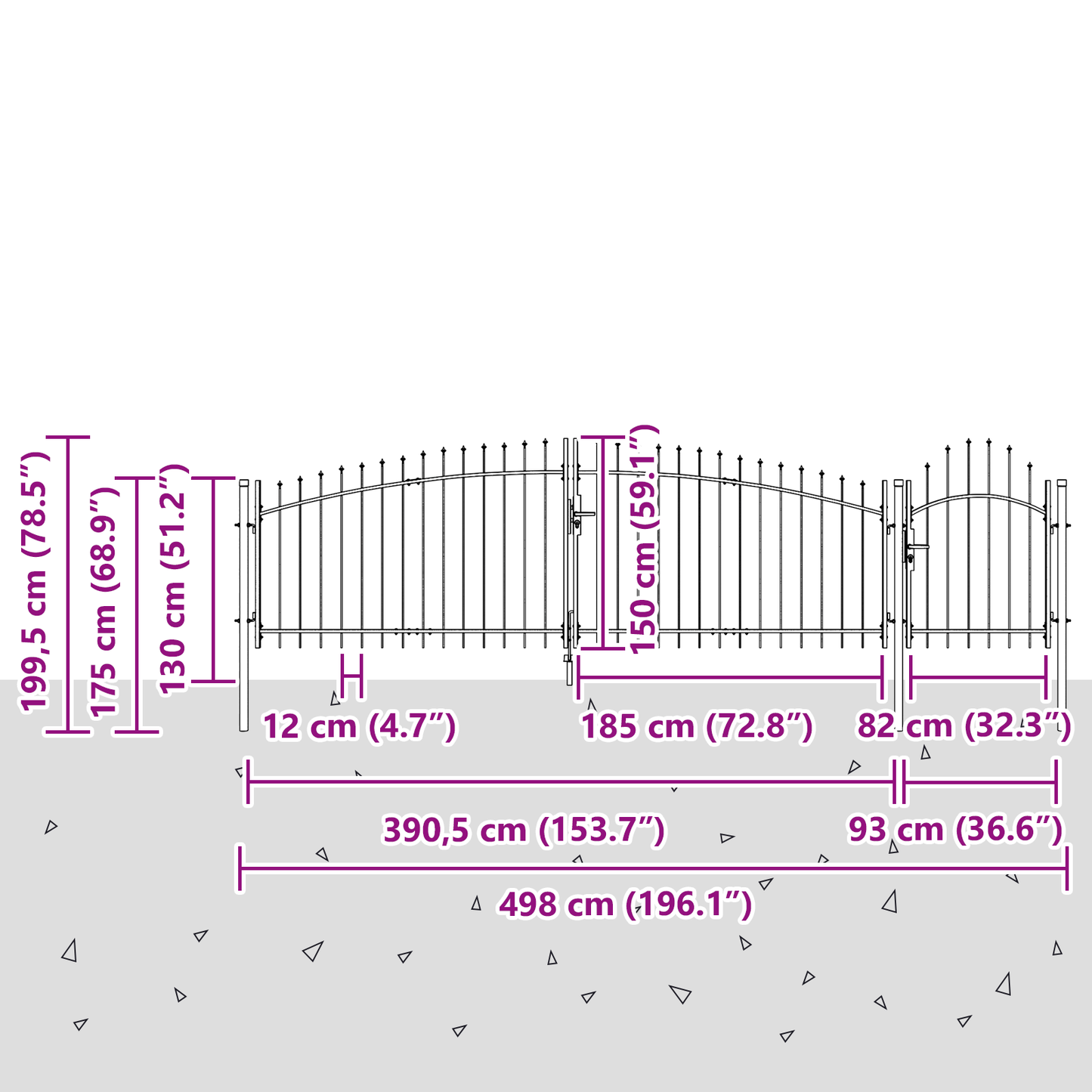 hageport med spiss topp grå 150x500 cm stål