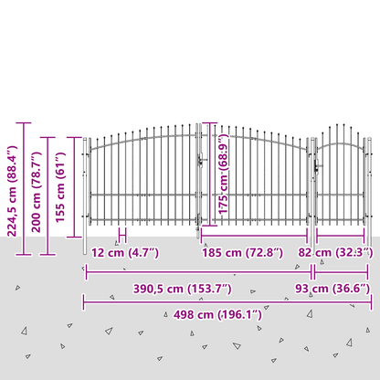 Hageport med spydtopp Grå 175x500 cm Stål