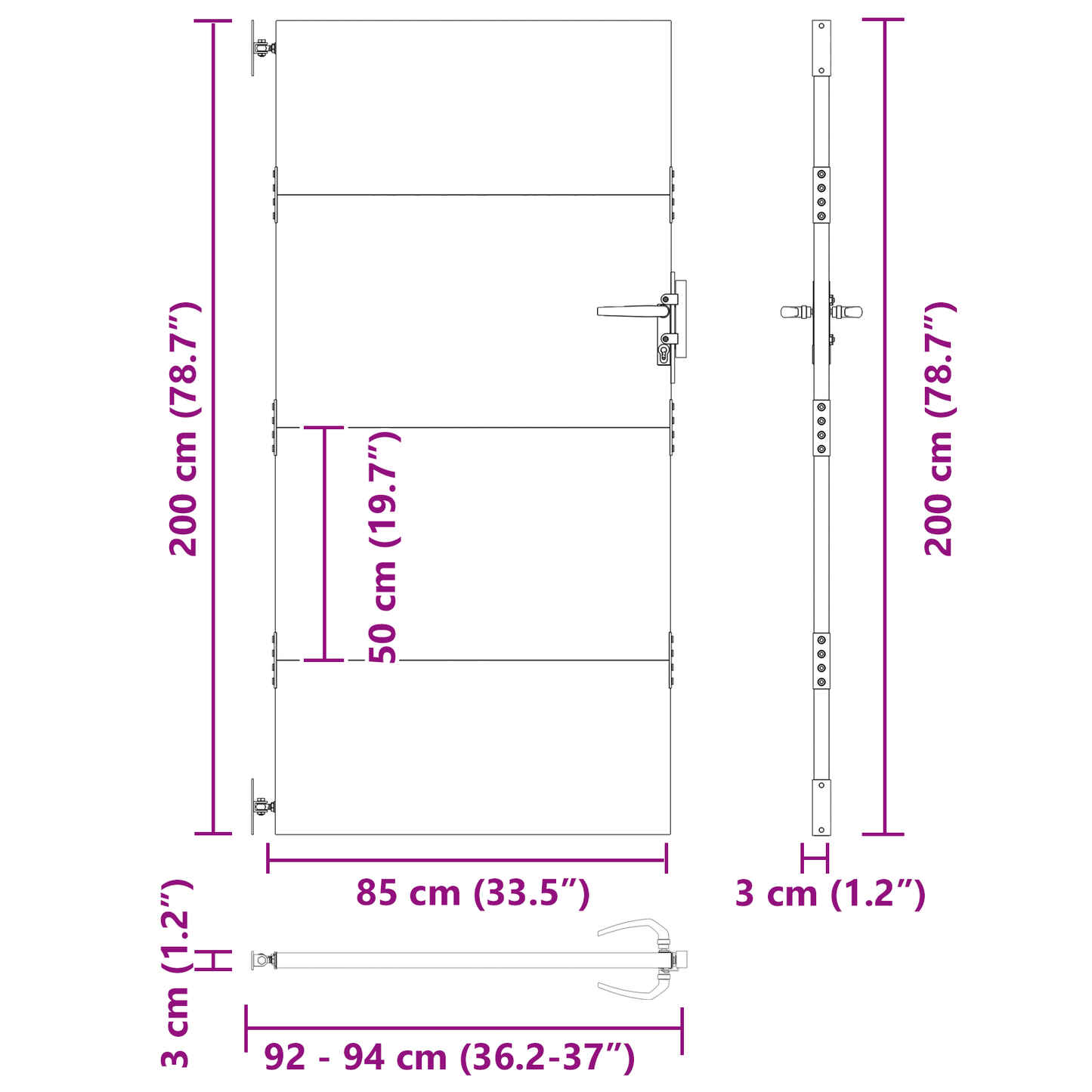Hageport med lås Svart 105 x 200 cm Pulverlakkert stål
